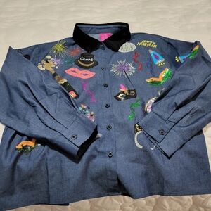 Queen Of Sparkles Embroidered Denim New Years Button-Up Shirt
